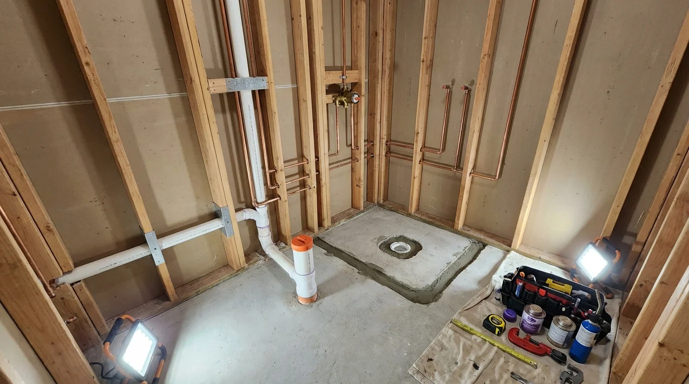 Bathroom rough-in plumbing during remodel by Johns Plumbing LLC in Juneau