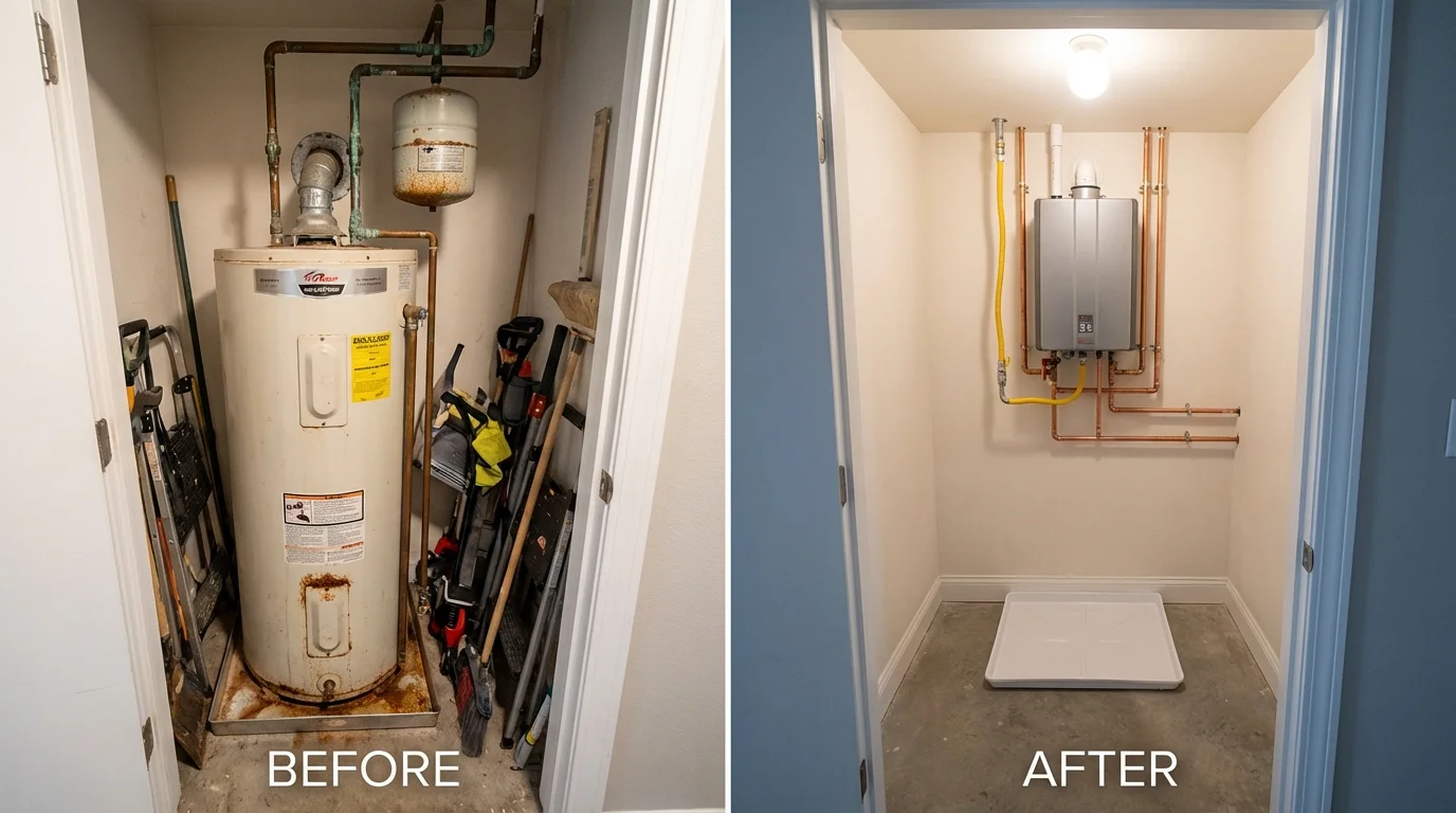 Tank water heater versus wall-mounted tankless unit comparison for Juneau, WI homeowners