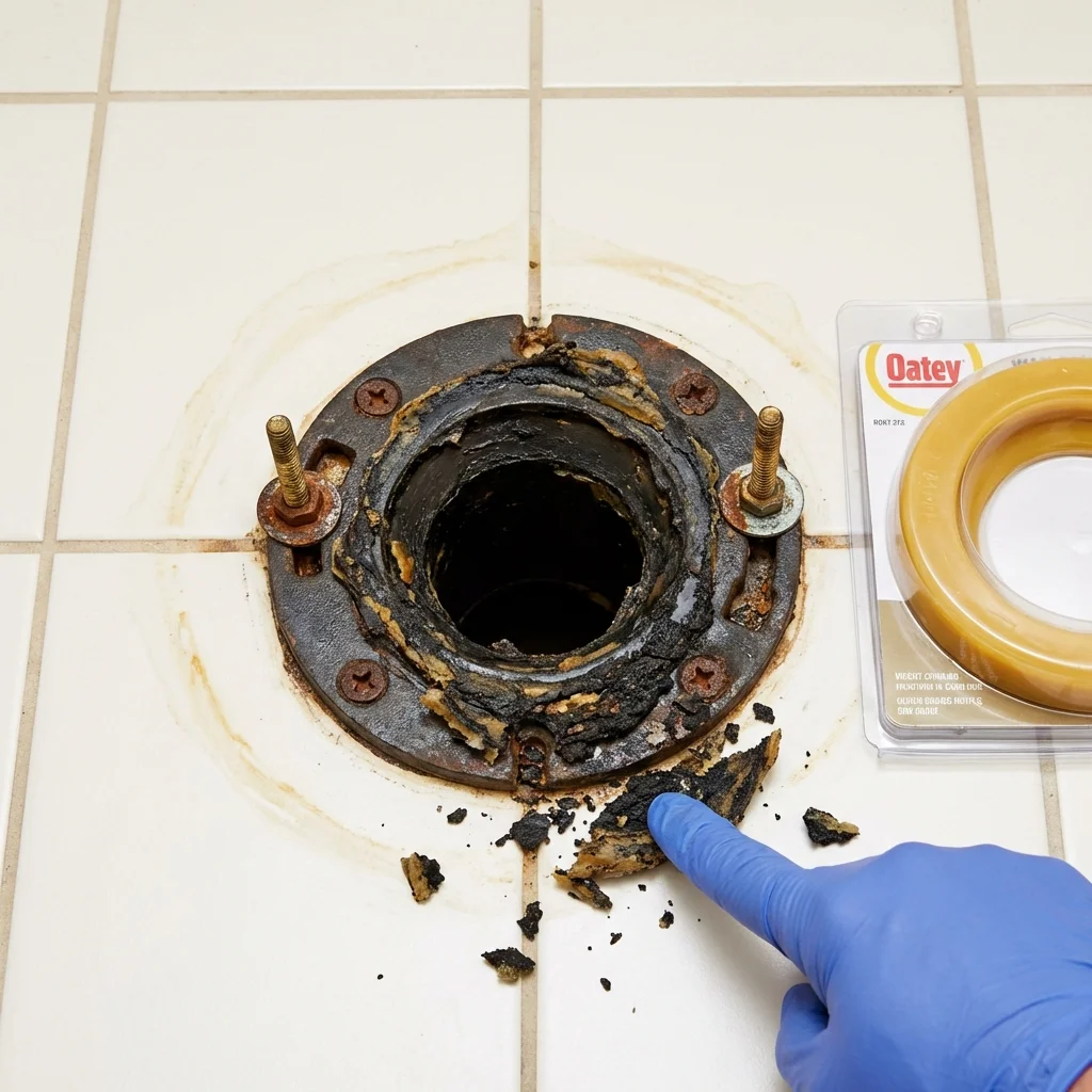 Failed wax ring showing water seepage at the base of a toilet in a Juneau, WI home