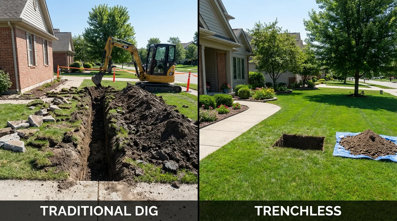 Trenchless sewer repair with minimal yard damage versus traditional excavation in Juneau, WI