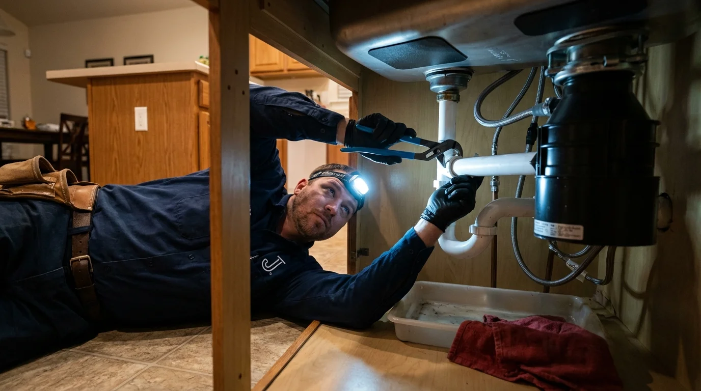 P-trap and supply line connections under a kitchen sink showing a common leak point in Juneau, WI